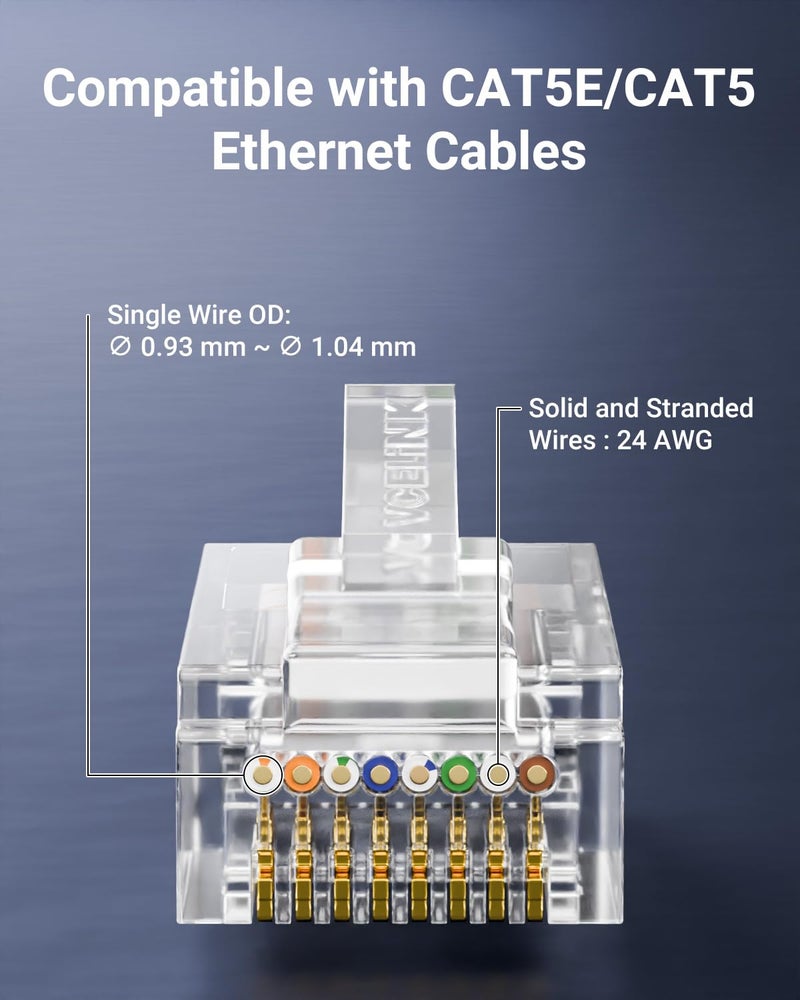VCELINK Cat5e Connectors RJ45 Pass Through 100-Pack with Longer Guide Rails for Easy Cable Insertion, Cat 5 connectors, EZ Cat 5e Ends rj45 Modular Plugs for Solid or Stranded UTP Network Cable - Image 4